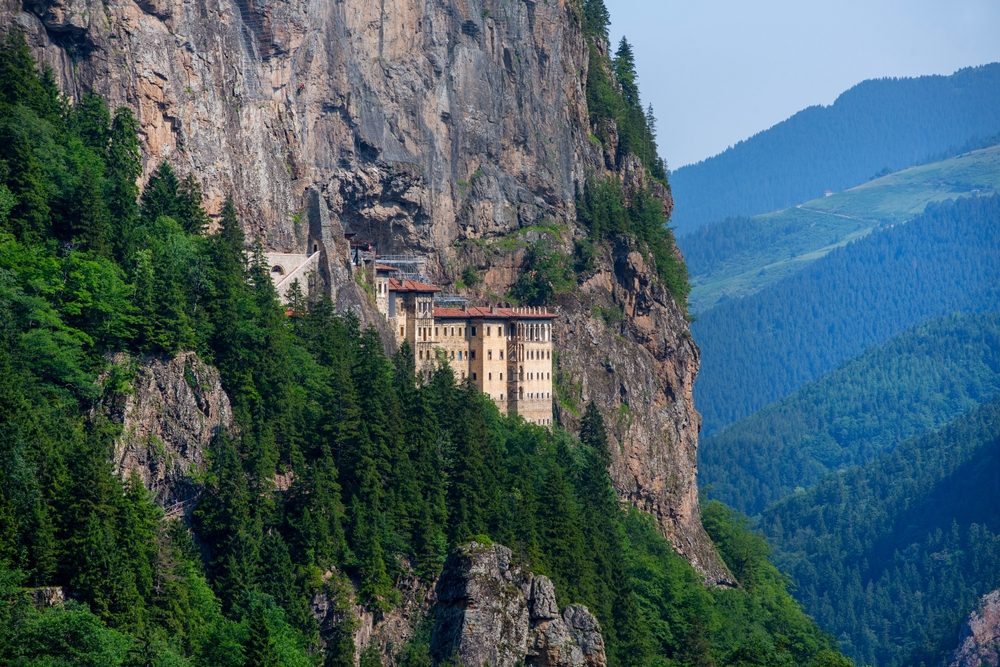 Wide view of Sümela Monastery clinging to the mountainside within Altındere National Park